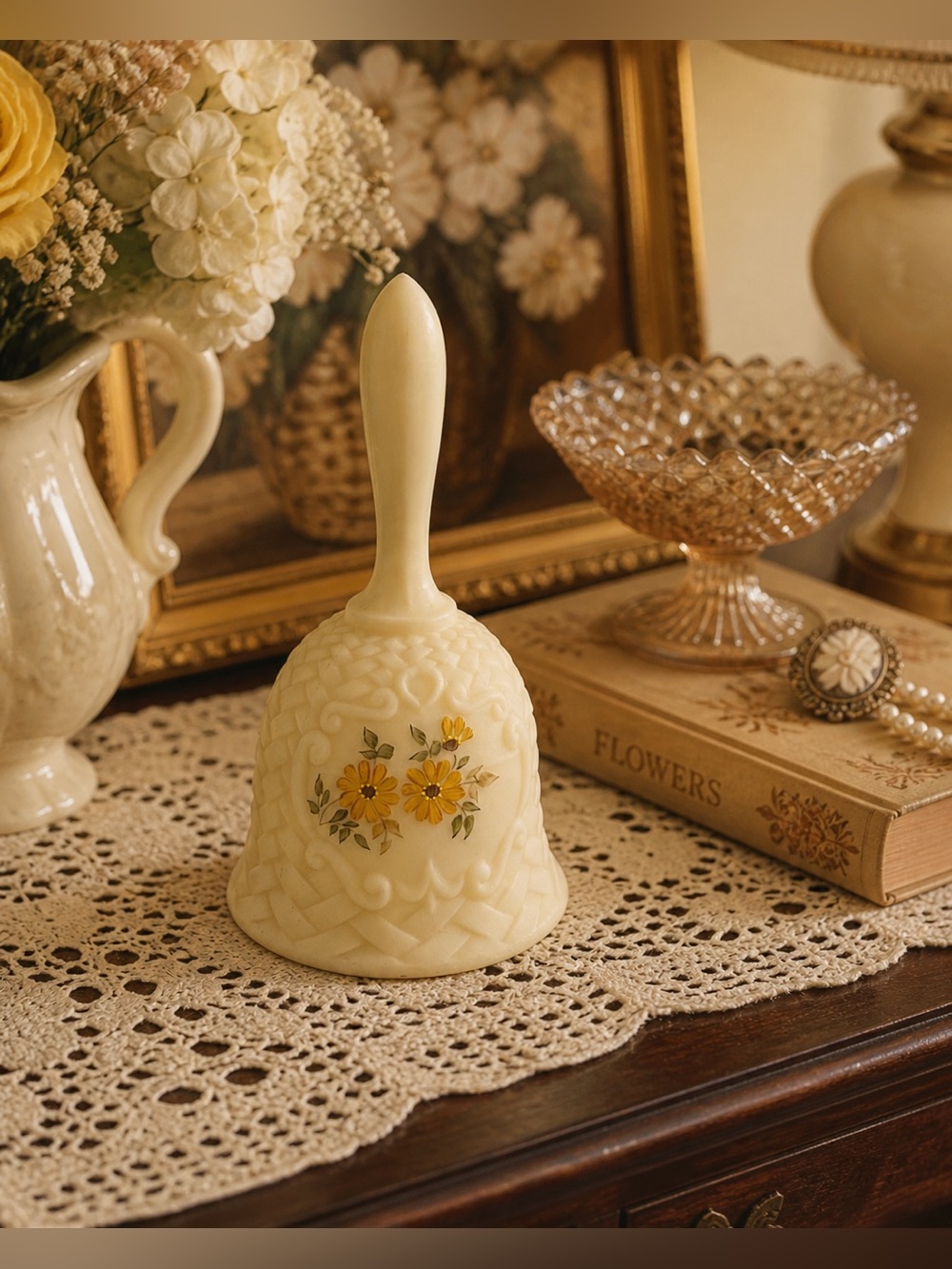 Fenton “Daisies on Cameo Satin” Custard Glass Bell – Basketweave | 1981–1982